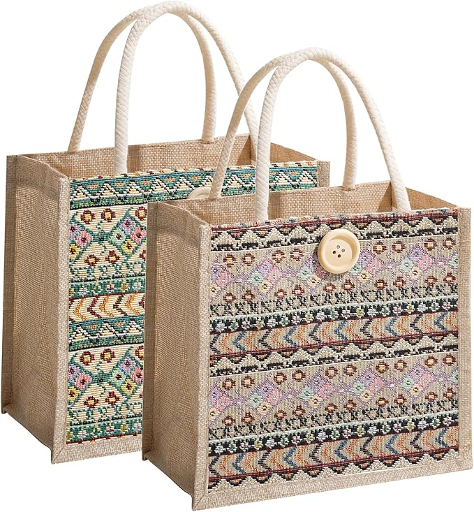 Women Tote Bag,2Pcs Jute Casual Tote's Handbag Embroidered Personalized Bento Bag,Reusable Grocery Bags Shopping Bags