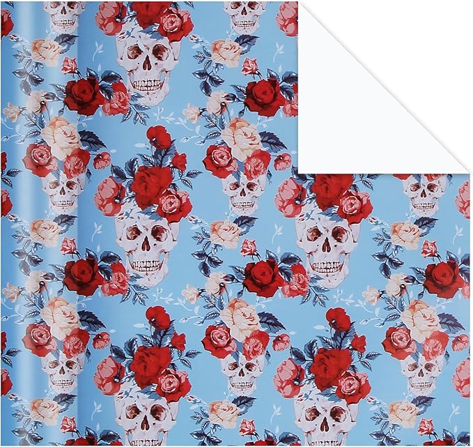 Aimyoo Blue Skull Floral Wrapping Paper Jumbo Roll 17 in x 60ft, Gothic Gift Wrap Paper for Halloween Wedding Bridal Shower