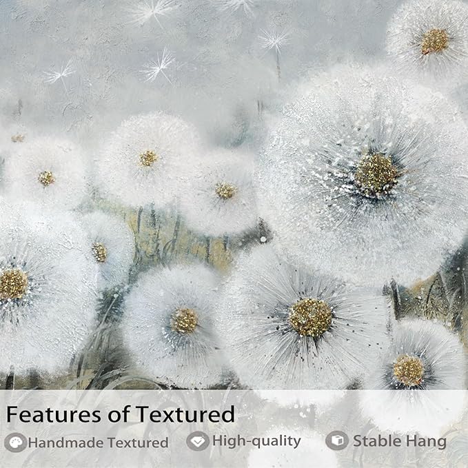 Ardemy Flower Wall Art Canvas Dandelion Painting White Floral Picture, Textured Large Framed for Living Room Bedroom Kitchen Dining Room Bathroom Home Office Decor 40"x20"