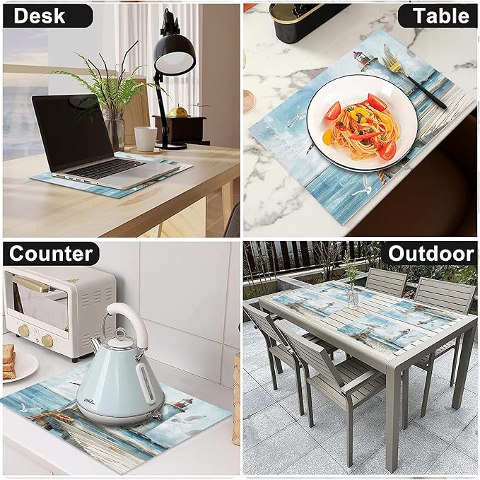 Lighthouse Seagull Placemats Set of 4 Washable Table Mats Ocean Nautical Coastal Heat-Resistant Cotton Linen Place Mats for Dining Table Kitchen Indoor Outdoor Party Holiday Decor