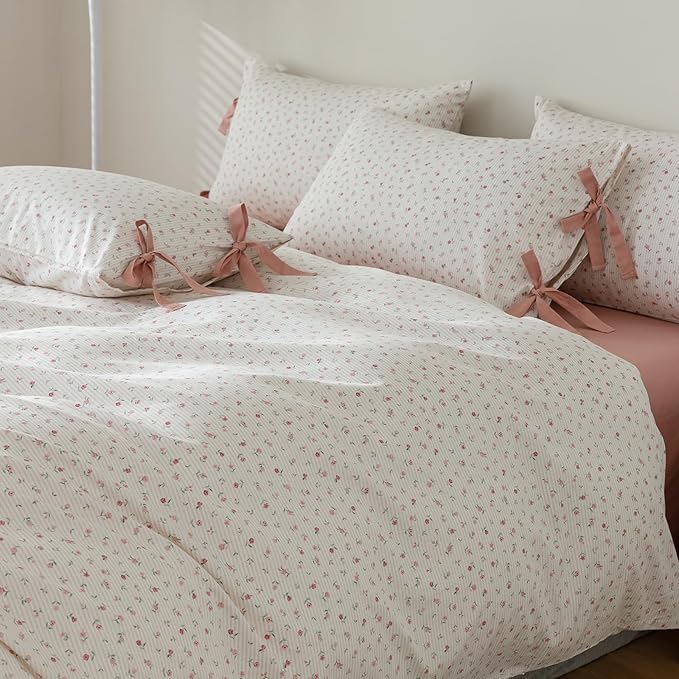 VM VOUGEMARKET Flower Duvet Cover King Vintage Garden Pink Floral Bedding Set for Girls Women 100% Cotton 3 Pieces Stripes Comforter Cover with Zipper Ties,Off-White/Cream