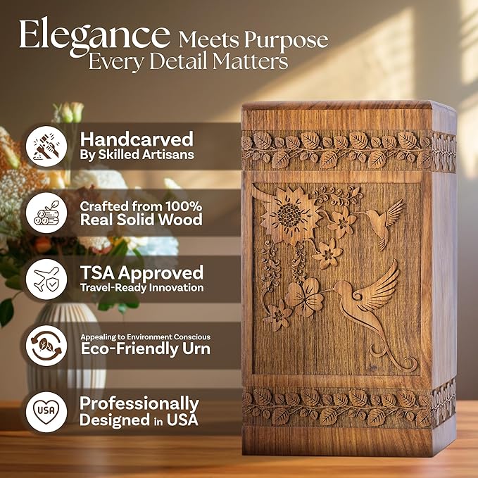 INTAJ Handcarved Rosewood Hummingbird Urn for Human Ashes Adult Male Female - Floral Carving 250 lbs Capacity - Wooden Cremation Urn Box Suitable for Burial Funeral Decorative Memorial Casket