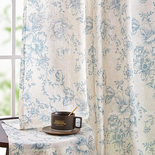 jinchan Linen Blend Curtain Floral Curtains for Living Room 96 Inch Length Blue Printed Curtain Back Tab Farmhouse Peony Flower Patterned Drapes Bedroom Window Curtains Set 2 Panels