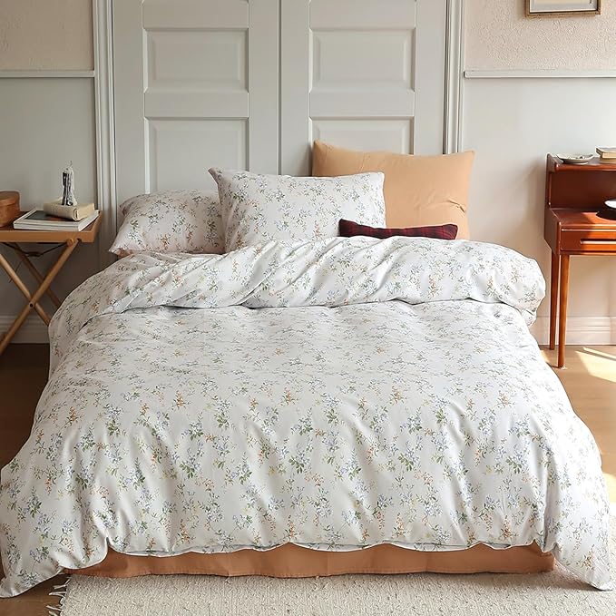 HighBuy Lightweight Cotton Floral Duvet Cover Twin XL Yellow Blue Floral Pattern Bedding Set Twin XL Vintage Boho Floral Comforter Cover 2 Pillowcases Aesthetic Green Botanical Duvet Cover Set