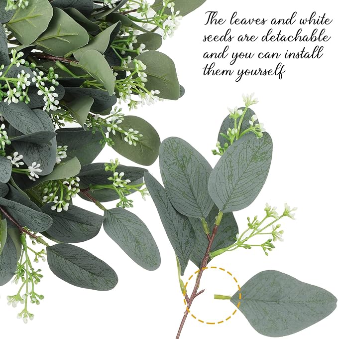 Janinka 60 Pcs Mixed Eucalyptus Leaves Stems Bulk Artificial Eucalyptus Leaves with White Seeds Artificial Silver Dollar Sprays Faux Oval for Floral Wreath Bouquets Wedding Greenery Decoration