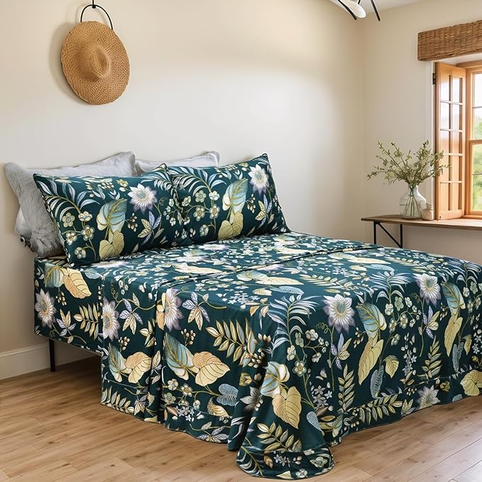 FADFAY Sheets Set Twin XL Teal Elegant Floral SheetsTropical Plam Leave Sunflower Bedding 800 TC Luxury Summer Bedding 100% Egyptian Cotton Deep Pocket Bed Sheets Set, 4 Pieces-Twin Extra Long Size