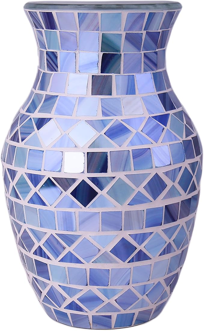 8" H Gray Blue Mosaic Vase.Exquisite Craftsmanship.Decor Home Modern Midsize All Handmade Mosaic Vases .Beautiful Glass Vase for Home&Office Decor.Unique Gift