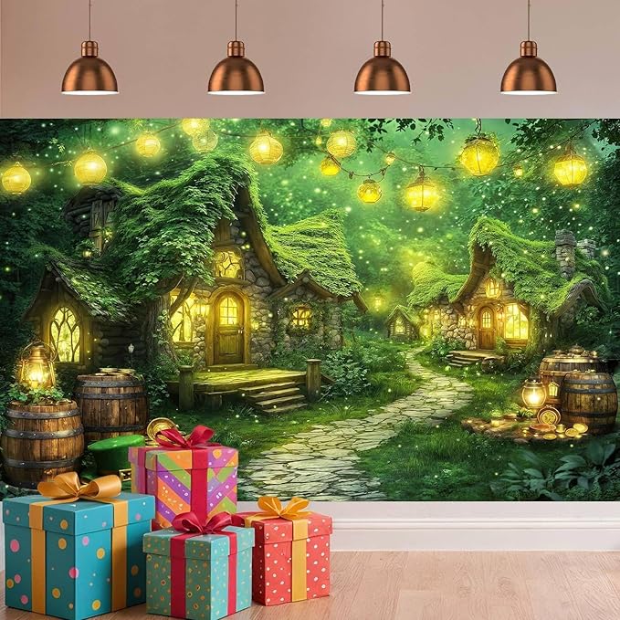 10X8ft St. Patrick's Day Backdrop Magic Enchanted Forest Green House Lucky Irish Shamrock Gold Coins Wonderland Photography Background for Kids Girls Party Decoration Cake Table Photo Booth Props
