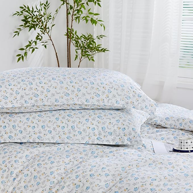 SAPHREAS Blue Yellow White Floral Duvet Cover Set Soft Microfiber Bedding Set Garden Style Spring 3pcs King Size 1 Duvet Cover with Zipper Closure 8 Ties 2 Pillow Shams
