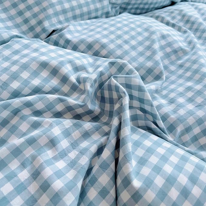 LifeTB Queen Comforter Set Blue Gingham Comforter Vintage Ruffle Plaid Checkered Pattern Comforter Set Queen Fluffy Soft Gingham Bedding Set Farmhouse Plaid Grid Bed Comforter with 2 Pillowcases