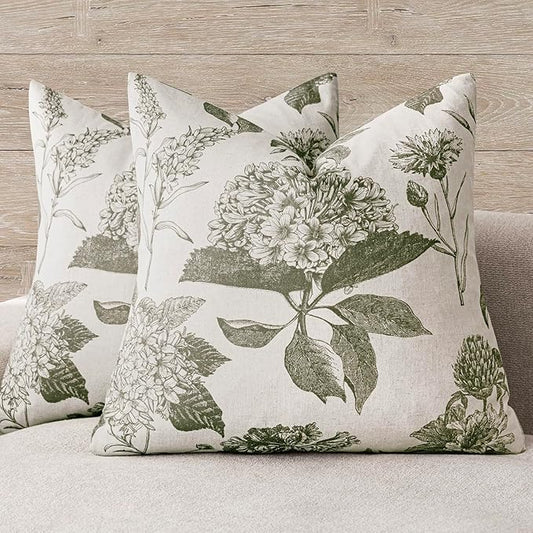 Foindtower Set of 2 Linen Floral Throw Pillow Covers Neutral Vintage Print Decorative Cushion Covers Farmhouse Boho Home Decor for Sofa Chair Couch Bedroom Living Room,22×22 Inch,Sage Green