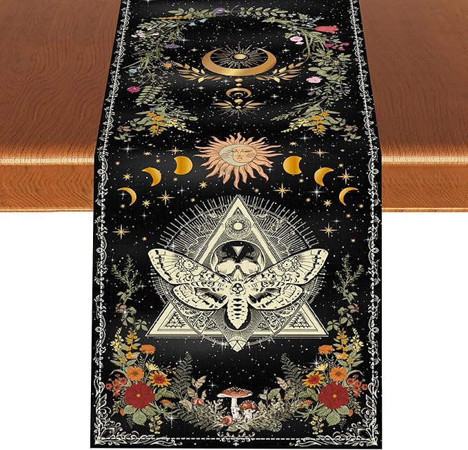 Gothic Moth Table Runner, Boho Gothic Sun Moon Phase Wildflower Mystical Witchy Farmhouse Coffee Table Center Decor for Home Kitchen Dining Patio Holiday Party Table Decorations 13x72 inches