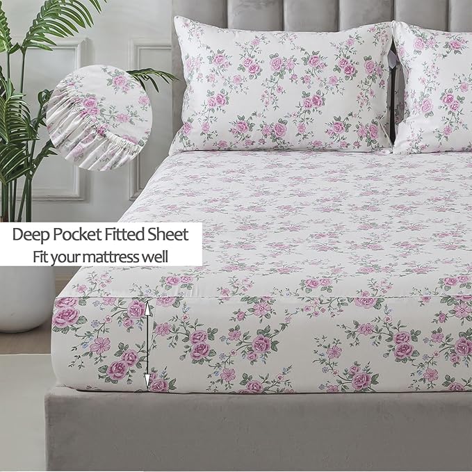 FADFAY Vintage Floral King Size Sheets Set Premium 100% Cotton Shabby Purple Rose Pattern Coquette Cottagecore Bedding Set Deep Pocket Sheets with 2 Pillowcases Luxury Breathable Soft 4Pcs, King