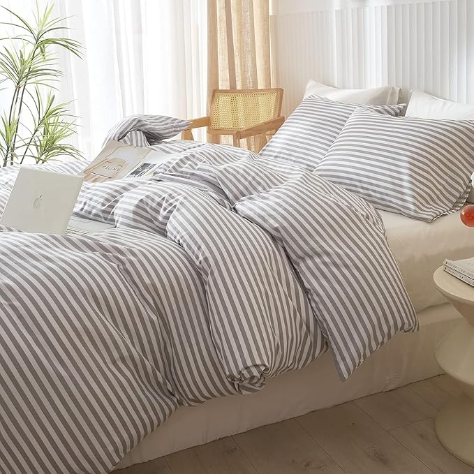 LifeTB Grey Striped Comforter Set Full Modern Style Stripes Pattern Comforter for Men Boy Teen Geometric Grey White Stripe Printed Boho Bedding Comforter for All Season Fluffy Soft Full Comforter Set