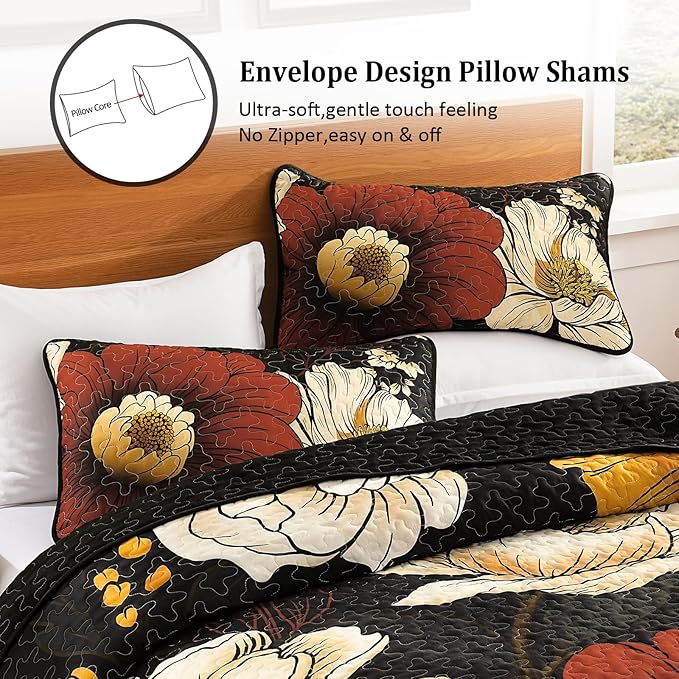 Dintszyayue Black Quilt Set King, 3 Pieces Red Floral Bedspreads Lightweight Coverlet Set for All Seasons, Reversible Quilted Printed Bedding Set with 2 Pillow Shams