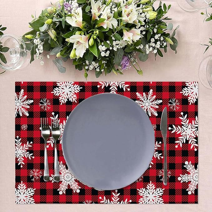 Christmas Snowflakes Placemats Set of 4 Buffalo Plaid Place Mats Washable Table Dinner Mats Linen Table Mats for Kitchen Dining Party Home Kitchen Decor 12x18 Inch