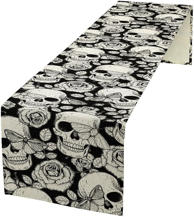 Gothic Table Runner,Black White Skeleton Flower Moth Print Table Runner for Home Kitchen Table Dining Garden Farmhouse Wedding Party Decor 13x60 Inch
