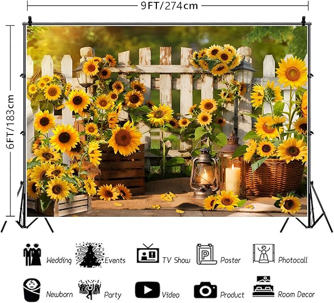 Rustic Sunflowers Backdrop Rustic Wooden Fence Sunflower Floral Photography Background for for Girls Woman Garden Party Banner Decoraitons Portrait Photo Booth Studio Props 9x6ft FU041DX