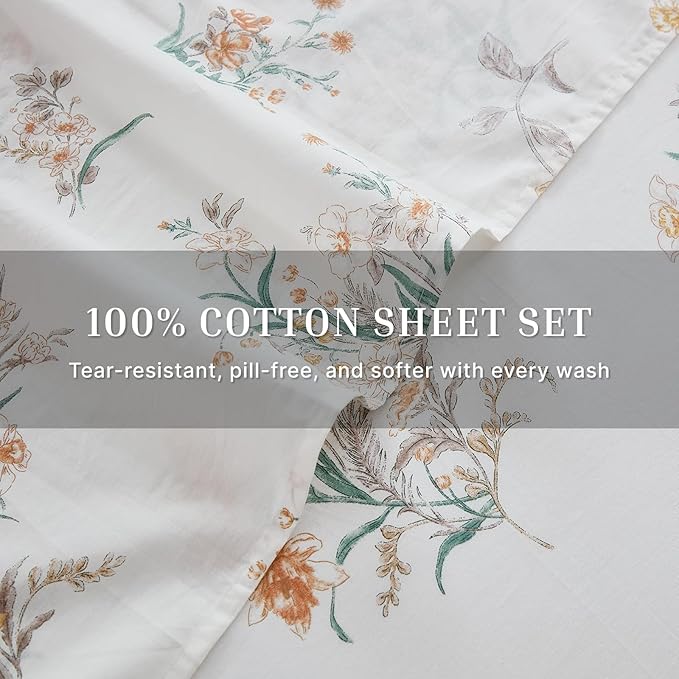 100% Cotton Sheet Set King Size – 4-Piece Shabby Chic Floral Bedding Set, Soft Breathable Percale Weave, Deep Pocket Fitted Sheet 17.5", Crisp Cool Feel, Refined Botanical Elegance