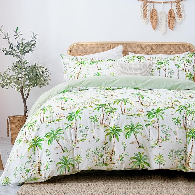 LONAVA Queen Tropical 3 Pcs Duvet Cover Set, Breathable Soft Microfiber Sage Green Lining Comforter Cover with Zipper Closure, and 2 Anti-Pilling, Fade Resistant Pillowcases, Summer Tree