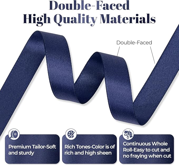 Navy Blue Satin Ribbon, Double Faced 5/8 Inch X 25 Yards Navy Blue Ribbon, Premium Satin Ribbon for Gift Wrapping, Crafts, Hair Bow Making, Sewing, Flower Bouquet, Wedding Party Decor