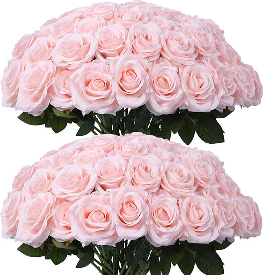 Artificial Rose Flower Blush Flowers Pink Roses Silk Flowers 50 pcs with Long Stem Silk Roses Bouquet for Wedding Bridal Shower Party Home Decoration