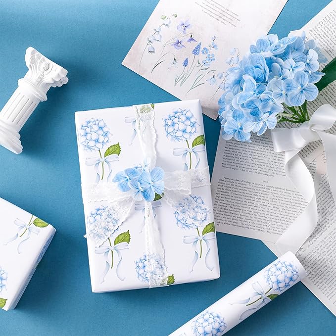 LeZakaa Blue Hydrangea Wrapping Paper Roll for Girls Women, Hydrangea Flowers & Bows Design for Wedding, Bridal Shower, Baby Shower, Mother's Day, DIY Bouquet, Mini Roll, 17 inches x 16.4 Feet