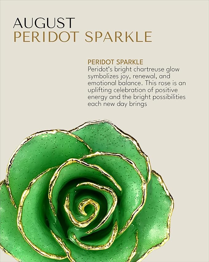 Forever Rose Hand-Dipped in 24K Gold, Peridot-Inspired August Birthstone with Sparkles, Real Rose in Leather Case with LED Light – Perfect Ready to Gift for August Birthday or Any Occasion