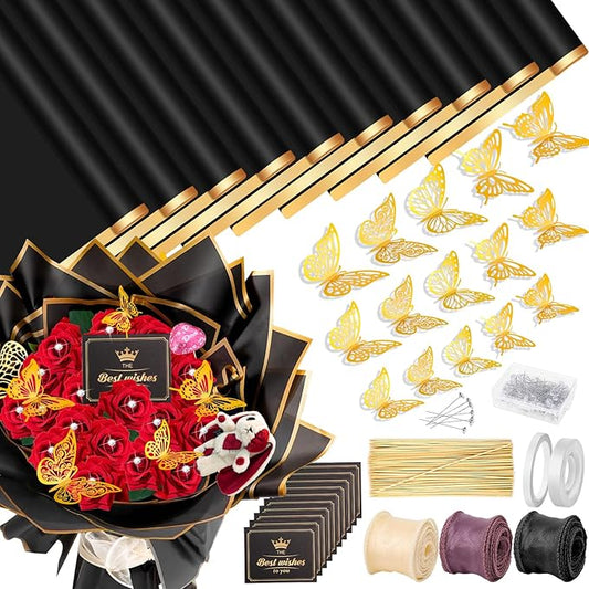 ROADPLUM 20 Sheets Flower Wrapping Paper, Black Bouquet Wrapping Paper Accessories with 100 Diamond Pins 60 Gold Butterflies 3 Ribbon 10 Cards 90 Bamboo Stick, DIY Floral Bouquet Supplies