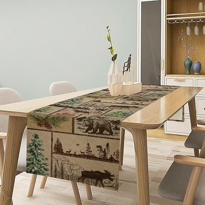 Rustic Cabin Table Runner, Farmhouse Deer Bear Retro Pine Forest Wooden Plank Wild Animal Seasonal Coffee Table Center Decor for Home Kitchen Dining Patio Holiday Party Table Decorations 13x36 inches