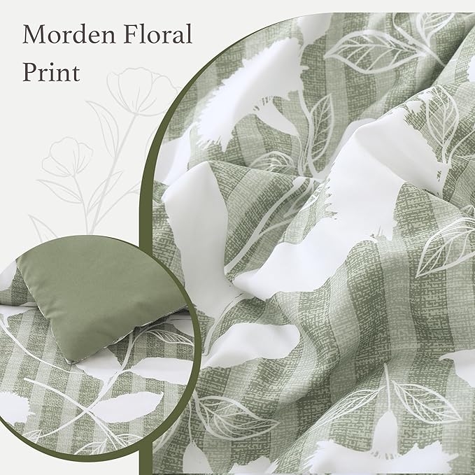 King Comforter Set -7 Pieces Sage Green Floral Comforter Set for All Seasons, Bed in a Bag King with Botanical Flowers Comforter, Sheets, Pillowcases & Shams