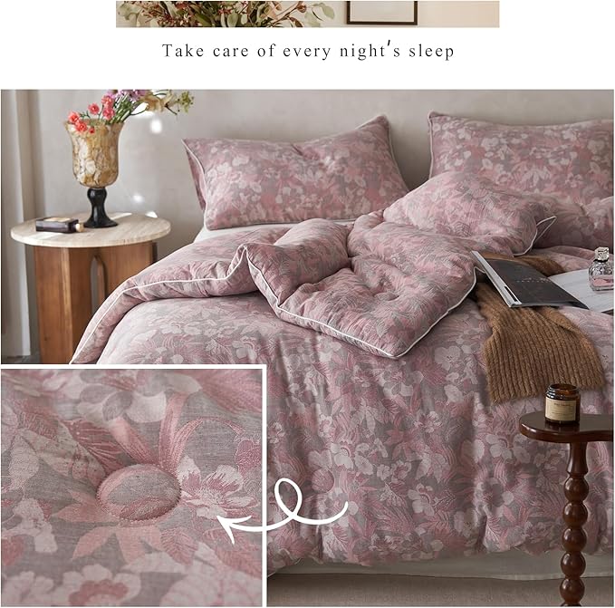 HighBuy Muslin Cotton Comforter Set Full Size Pink Floral Bedding Comforters Set 3 Piece Lightweight Soft & Warm Bed Comforter Full with 2 Pillowcases,Boho Chic Bedding Set