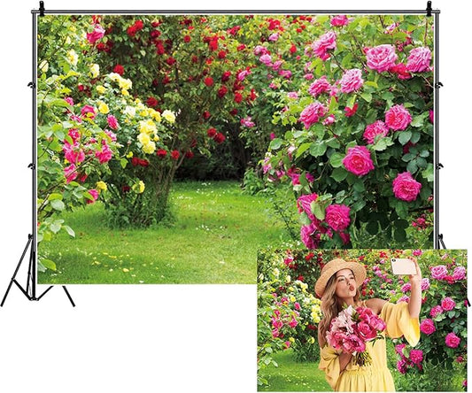 Renaiss 5x3ft Spring Garden Backdrop Red Pink Rose Flower Park Floral Green Leaf Grass Natural Landscape Photography Background for Wedding Bridal Shower Party Decor Photo Booth Props