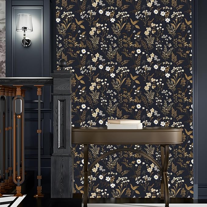 Dark Floral Wallpaper Peel and Stick 17.5in x 78.7in Navy Gold Leaf Wallpaper Vinyl Waterproof Self-Adhesive Dark Blue Botanical Wall Paper Mural for Bookcase Bedroom Cabinet Decor