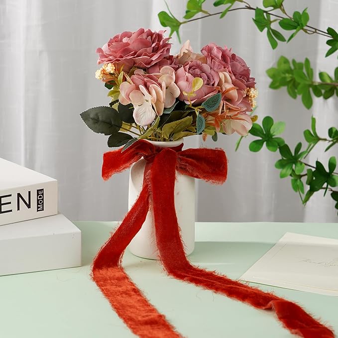 Rust Red Silk Velvet Ribbon 1.5 Inch Frayed Edge Ribbon Rustic Style Fringe Gift Raw Edge Boho Velvet for Wedding Invitation Bridal Bouquet -3yards
