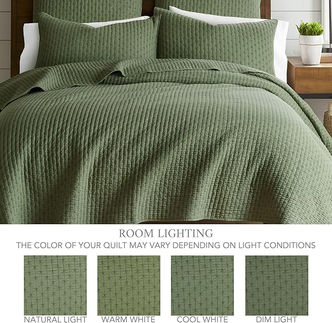 Levtex Home Cross Stitch Reversible Full/Queen Quilt Set (88x92in) and 2 Pillow Shams (26x20in) - Stitch Texture - Forest Green - Cotton Full/Queen Size Quilt Bedding Set - Lightweight Soft Pre-Washed