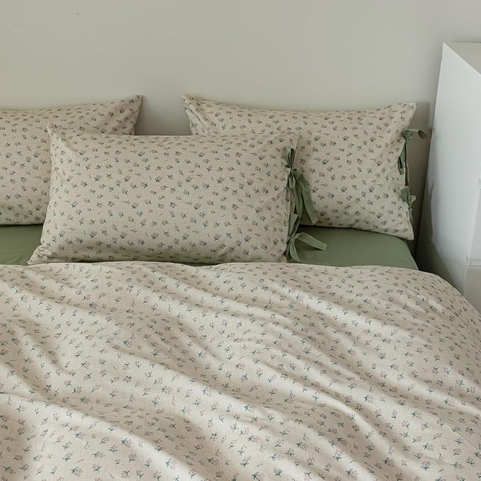 VM VOUGEMARKET Queen Comforter Set Green Floral Prints,Cottagecore Blooming Bedding Set,1 Down Alternative with 2 Bowknot Pillowcases for All Seasons-90 x90