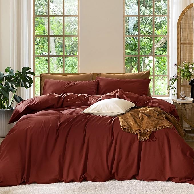 MooMee Bedding Duvet Cover Set 100% Washed Cotton Linen Like Textured Breathable Durable Soft Comfy (Solid Fired Brick Red, King 104"x90")