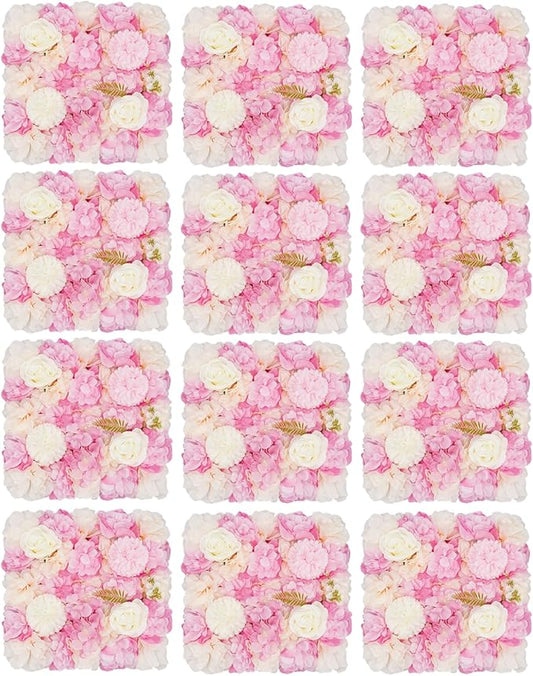 12Pcs Artificial Flower Wall Panel,3D 15" X 15" Silk Rose Mat Artificial Flower Wall,Decorative Backdrop Flower Panels Wall for Wedding Party Stage Baby Shower Decor (Pink,White)