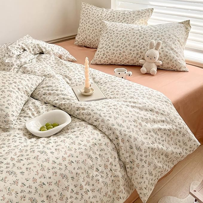 Boho Floral Duvet Cover Twin XL Aesthetic Cotton Floral Bedding Set Off White Vintage Garden Floral Comforter Cover Pink Flower Botanical French Style Duvet Cover Cottagecore Bedding Set Twin XL