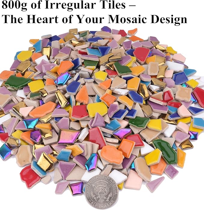 2.5 lb Irregular & Flower Ceramic Mosaic Tiles for Crafts - (800g Small Irregular Tiles + 330g Flower Mosaic Pieces), Mix Shapes & Colors Ceramic Mosaics for DIY Projects & Home Decor