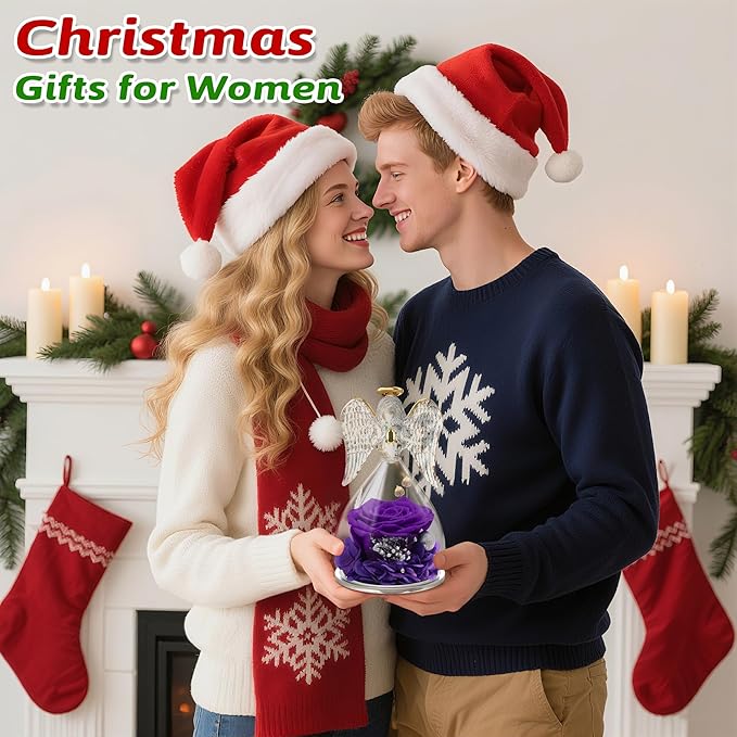 Yamonic Mom Birthday Gifts for Mom Grandma, Angel Figurines with Real Rose Gifts for Women Moms, Preserved Flowers Rose Glass Angel for Mothers Day Christmas Valentine's Day Gifts for Her(Purple)