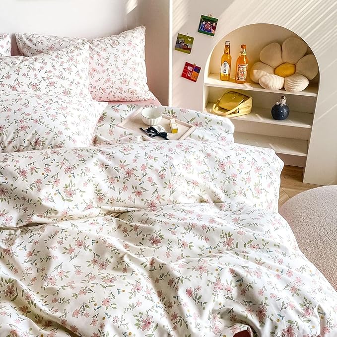 LifeTB 3 Pieces Girls Floral Comforter Set Twin XL Pink Flower Bedding Comforter with 2 Pillowcases Fluffy Cozy Cottagecore Bedding Boho Farmhouse Vintage Botanical Comforter Set for All Seasons
