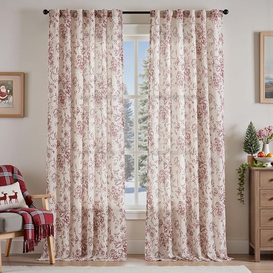 jinchan Linen Blend Curtain Floral Curtains for Living Room 108 Inch Length Christmas Brick Red Printed Curtain Rod Pocket Back Tab Farmhouse Peony Flower Patterned Drapes Curtains Set 2 Panels