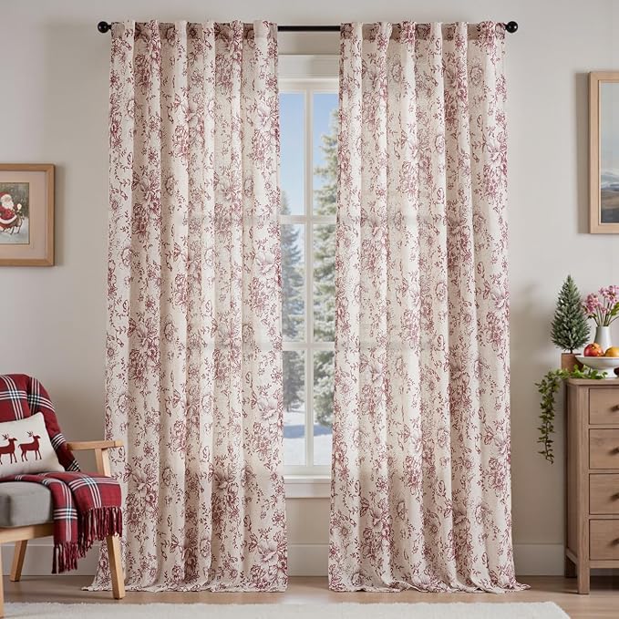 jinchan Linen Blend Curtain Floral Curtains for Living Room 96 Inch Length Christmas Brick Red Printed Curtain Rod Pocket Back Tab Farmhouse Peony Flower Patterned Drapes Curtains Set 2 Panels