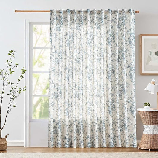 jinchan Linen Floral Curtains 100 Inch Extra Wide for Patio Sliding Glass Door Room Divider Curtain for Living Room 90 Inch Length Farmhouse Peony Blue Printed Curtain Set 1 Panel