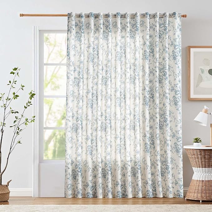 jinchan Linen Floral Curtains 100 Inch Extra Wide for Patio Sliding Glass Door Room Divider Curtain for Living Room 84 Inch Length Farmhouse Peony Blue Printed Curtain Set 1 Panel