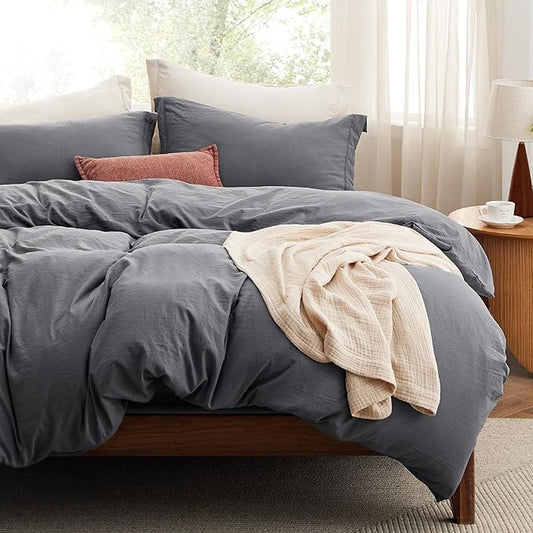 Bedsure Duvet Cover Queen Size with Fitted Sheet - 4 Pieces Prewashed Cotton-Like Extra Soft Bedding Set, Includes 1 Duvet Cover 90x90 Inches, 2 Pillow Shams, 1 Fitted Sheet, Dark Grey