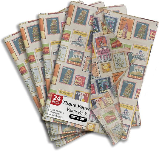 Stamps Printed Tissue Paper for Birthday Party Gift Bags or Boxes and Wrapping - Bulk Decorative Art Tissue Paper for Packaging and Gifting | 24 Sheets 20" x 30"