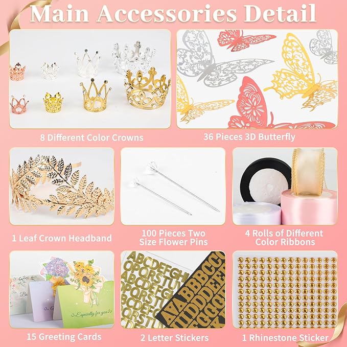 260Pcs Flower Bouquet Wrapping Paper Kit, 60 Sheets Waterproof Paper, 36 Butterflies, 8 Crowns, 1 Headband, 4 Ribbons, 15 Cards, 100 Diamond Pins, 30 Floral Wire, 3 Stickers, 3 Tapes (Black & Pink)